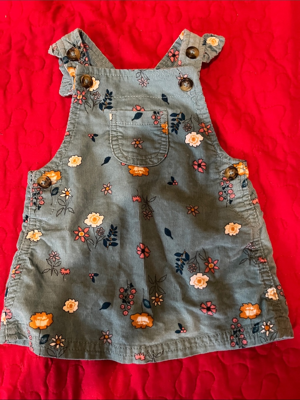 Carter's Olive Green Floral Corduroy Overall Dress